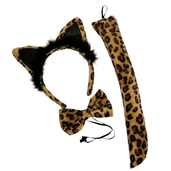 Leopard Halloween Costume Accessory Kit 3 Pc Set Ears Headband Tail Bow Tie Cat - Picture 1 of 7